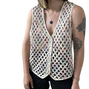 Vintage 1990s Womens Floral Lattice Preppy Grandmacore Vest Waistcoat Sz XL